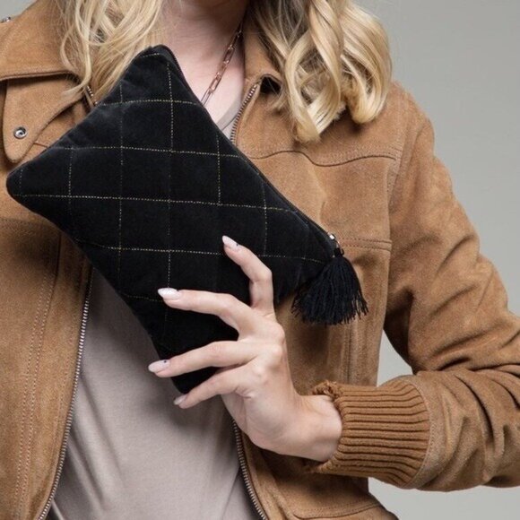 Quilted Black Velvet Clutch Pouch with Fine Thread Tassel and Zip Top Metallic - Picture 7 of 8